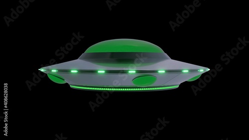 Isolated Saucer UFO flying on black background. 3d illustration
