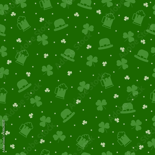 St Patricks Day seamless pattern with leprechaun hat, clover, beer on green background. Greeting card vector icons, wrapping paper and wallpaper vector illustration.