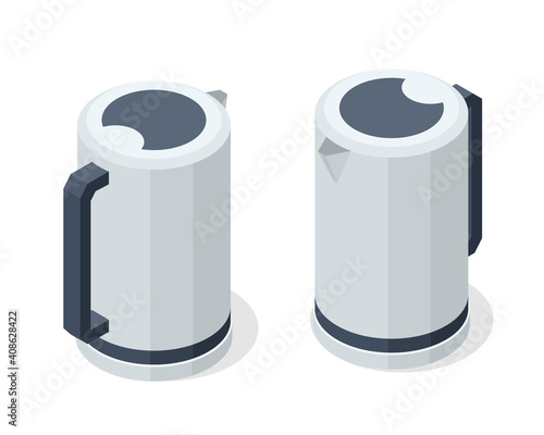Isometric Electric Kettle front and back view in vector design. Kitchen equipment, domestic device isolated on white background.