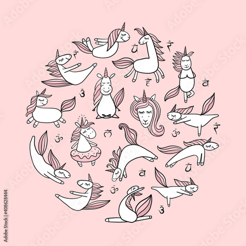 Funny Unicorns doing yoga. Circle Background for your design