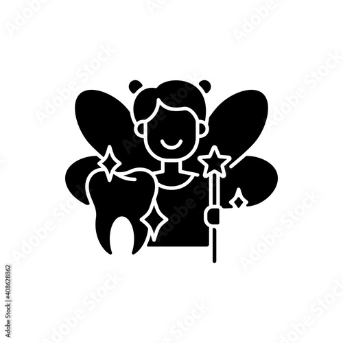 Pediatric dentistry black glyph icon. Painless treatment for dental problems. Happy children with healthy teeth. Cosmetic dentistry. Silhouette symbol on white space. Vector isolated illustration