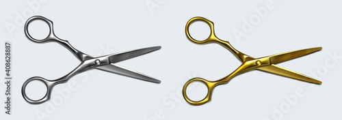 Scissors of silver and gold metal with open blades top view. Barber shares stationery for haircutting, beauty salon or tailor atelier tool. Design graphics element Realistic 3d vector isolated icons