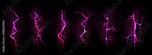 Lightning, electric thunderbolt strike during night storm, impact, crack, magical energy flash of pink color. Powerful electrical discharge isolated on black background, Realistic 3d vector bolts set