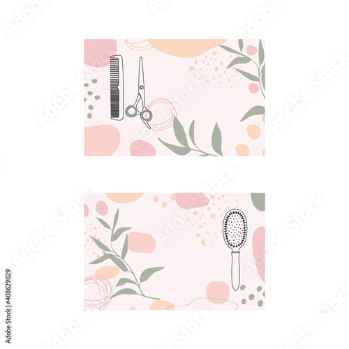 A set of horizontal backgrounds with abstract shapes and hand drawn hairdresser tools in pastel colors. Template with copy space for a business card, banner, flyer.Line with editable stroke,vector.