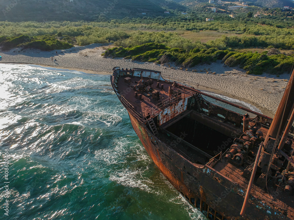 Aerial view over the famous Agios Dimitrios shipwreck in Githeio, Peloponnese, Greece