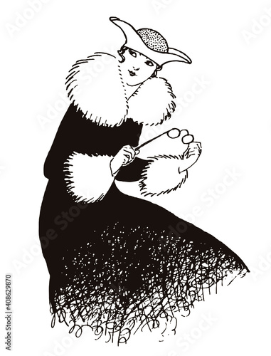 Stylish woman from the 20s holding glasses, wearing hat and long dress with fur trim
