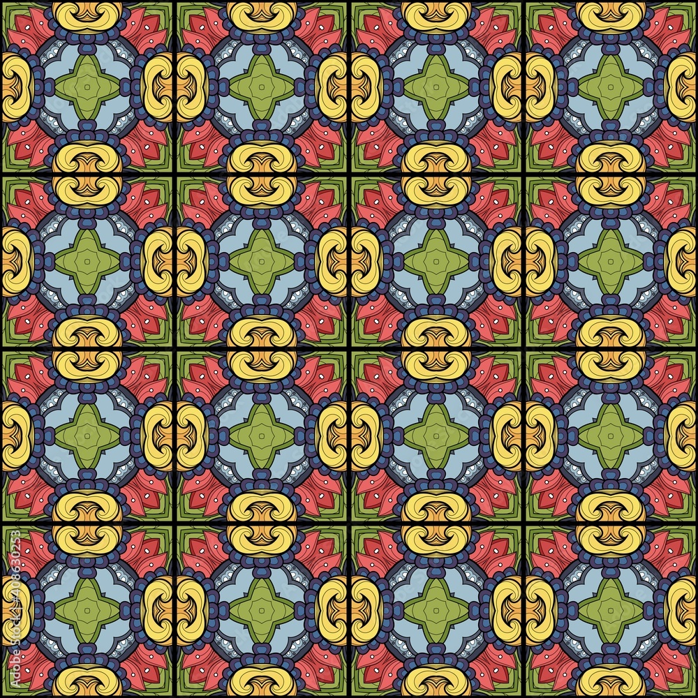 Seamless Tile Pattern, Crazy Patchwork Quilt Ornament. Endless Ethnic Texture with Square Ornate Motif. Vintage Mosaic Décor. Swatch for Fabric Textile, Wrapping Paper, Wallpaper. Vector Illustration