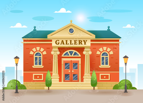 Exterior of a gallery or museum building with title and pillars. Urban architecture. Art Museum of Contemporary Painting. Vector flat illustration