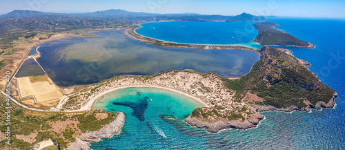 Aerial panorama view of the famous semicircular sandy beach and lagoon of Voidokilia in Messenia, Greece photo