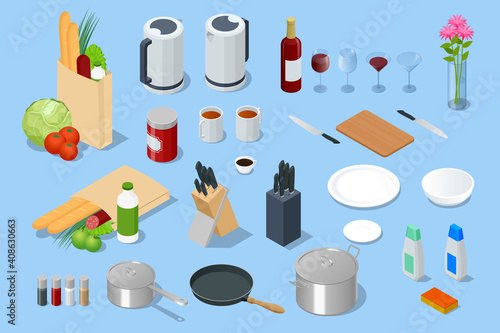 Isometric Electric Kettle, different food in paper bag, Knives in the Wooden Block, Glass Goblets, glass vase, spices in glass and metal jars, stainless pots and pan with glass lids isolated on white