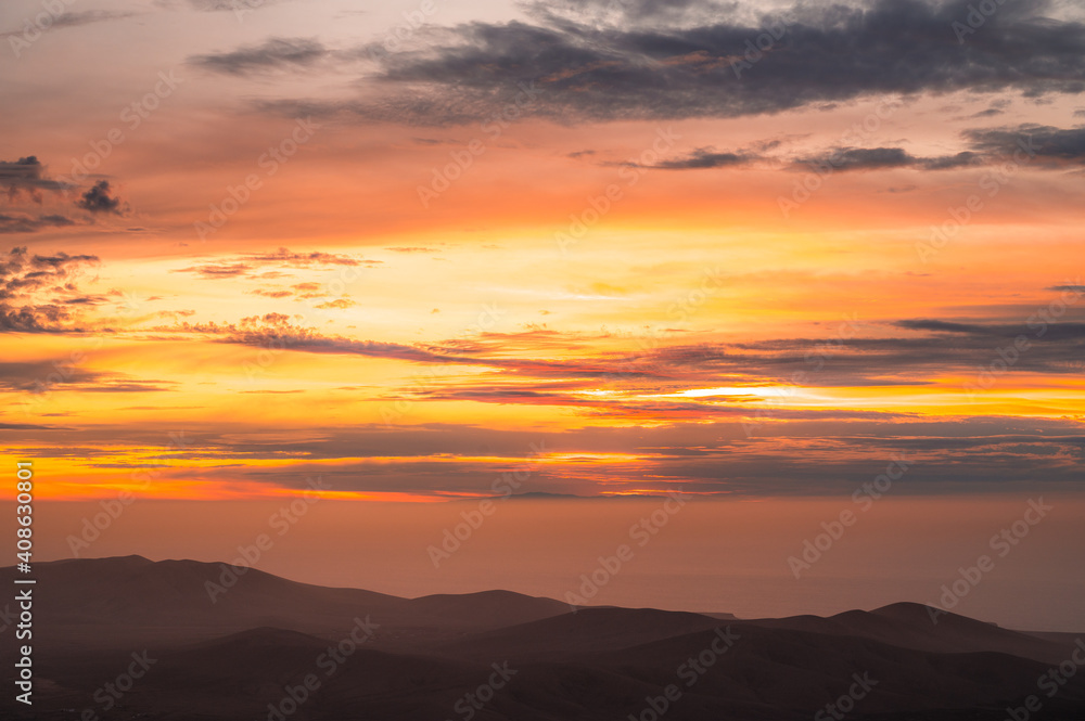 Incredible sunset from the mountain with views and red color