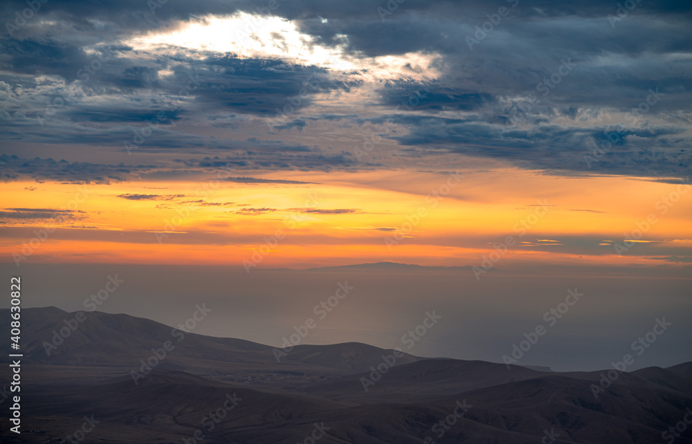 Incredible sunset from the mountain with views and red color