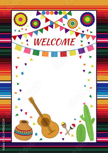Mexican Fiesta Invitation. Design template for wedding party invitation, fiesta, cinco de mayo, birthday party. Folk ethnic design style.