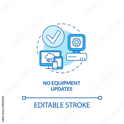 No equipment updates concept icon. SaaS benefit idea thin line illustration. Cloud computing. Virtual machine for data processing. Vector isolated outline RGB color drawing. Editable stroke
