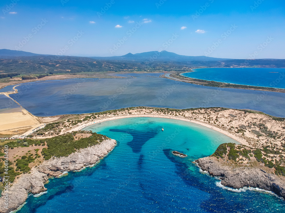 Naklejka premium Aerial panorama view of the famous semicircular sandy beach and lagoon of Voidokilia in Messenia, Greece