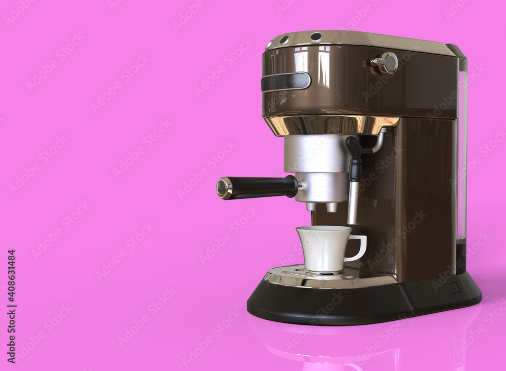 A brown espresso coffee machine on pink background with space for text. 3D render. A brown espresso coffee machine on pink background with space for text. 3D render.