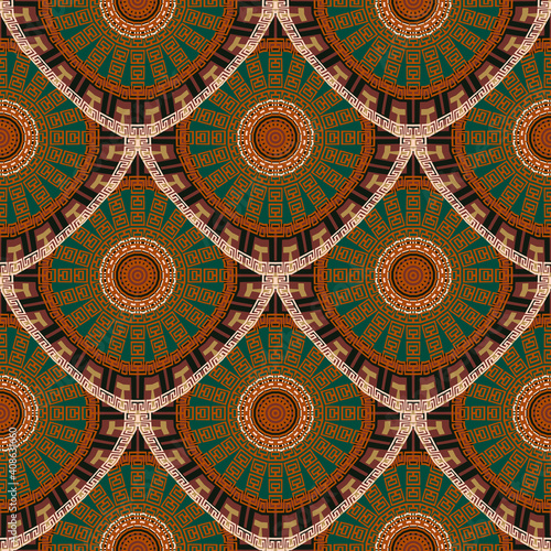 Tiled greek mandalas seamless pattern. Tribal ethnic style background. Vector geometric backdrop. Abstract radial modern ornaments with borders  frames  circles  greek key  meanders  geometric shapes