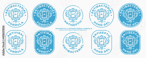  Concept for product packaging. Marking - antibacterial formula. Rubber stamp with bacteria with wings and liquid ingredient - symbol of freedom. Kills, evaporates, bacteria and germs.Vector set.