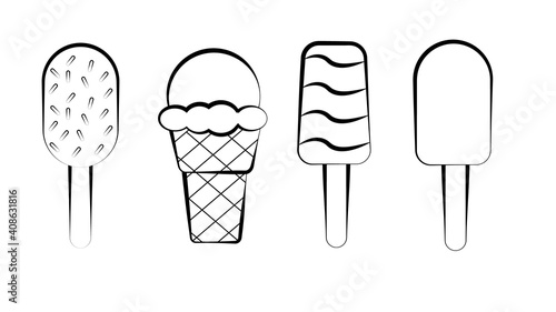 Ice cream set of three pieces in engraved hand drawn style. Vector isolated illustration