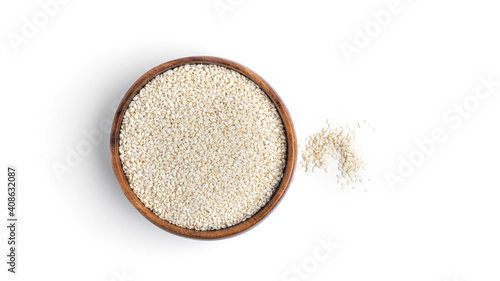 Rice in a wooden bowl isolated on a white background.