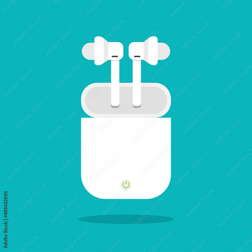 Wireless headphones with charging case in trendy flat style. Earphones for smartphone or tablet. Vector illustration isolated on blue background. Wireless headphones with charging case in trendy flat style. Earphones for smartphone or tablet. Vector illustration isolated on blue background.