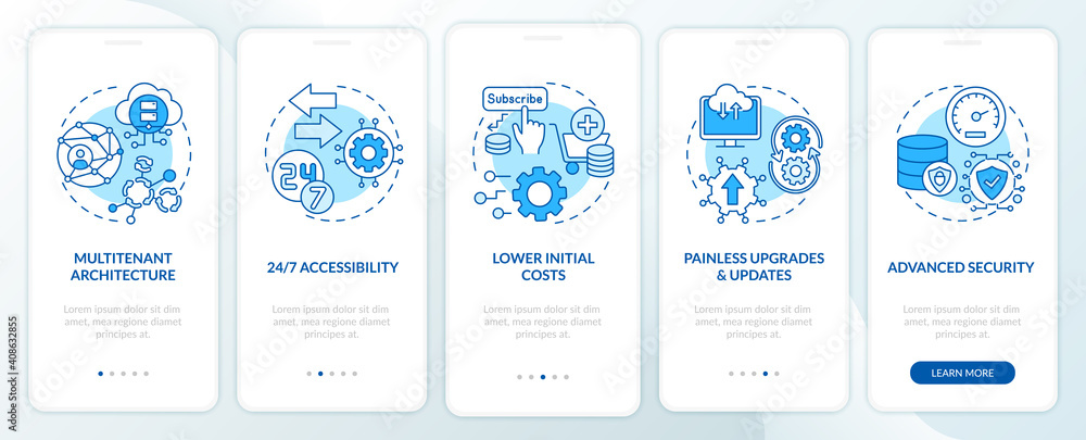 SaaS benefits onboarding mobile app page screen with concepts. Multi-tenant architecture, initial costs walkthrough 5 steps graphic instructions. UI vector template with RGB color illustrations