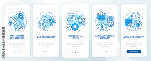 SaaS benefits onboarding mobile app page screen with concepts. Multi-tenant architecture, initial costs walkthrough 5 steps graphic instructions. UI vector template with RGB color illustrations
