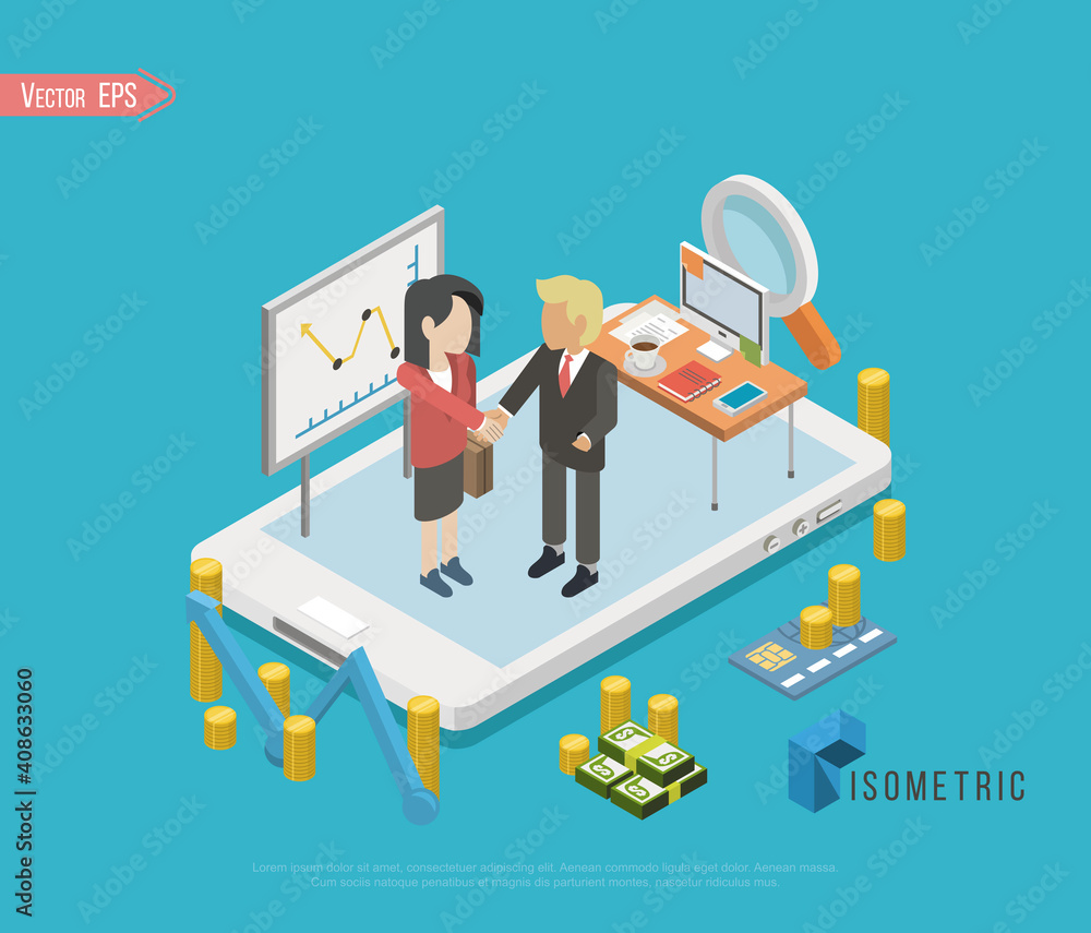 Busines concept of crowdfunding. Isometric businessman with a light bulb over his head as a symbol of a business idea. 3d businessman among the money, packs of dollars and coins.
