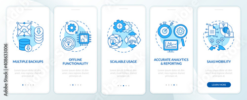 SaaS pluses onboarding mobile app page screen with concepts. Multiple backups, accurate reporting walkthrough 5 steps graphic instructions. UI vector template with RGB color illustrations