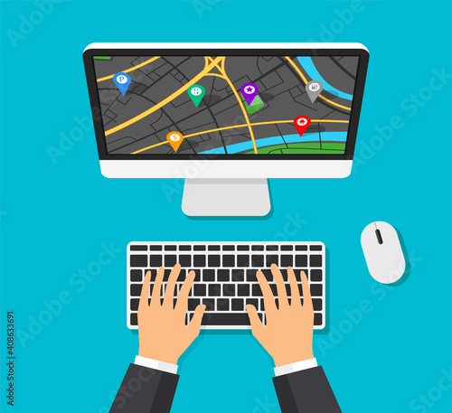 Computer monitor with map navigation on a screen. GPS navigator with different pinpoints. Man are typing on computer keyboard and and making a route. Vector illustration.