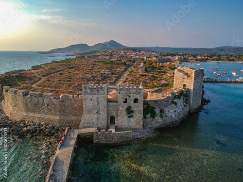 Aerial view over Methoni Castle and the fortified city in Methoni, Messenia, Greece