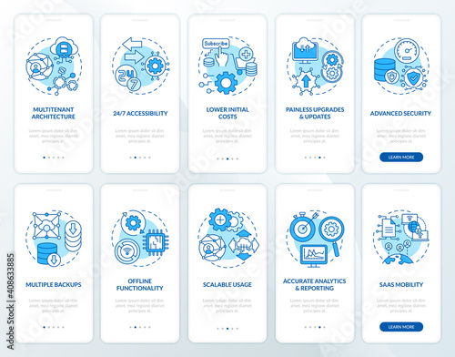 Software-as-service advantages onboarding mobile app page screen with concepts set. Updates, functionality walkthrough 5 steps graphic instructions. UI vector template with RGB color illustrations