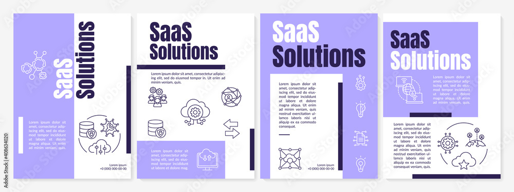 SaaS solutions brochure template. Creating cloud software services. Flyer, booklet, leaflet print, cover design with linear icons. Vector layouts for magazines, annual reports, advertising posters