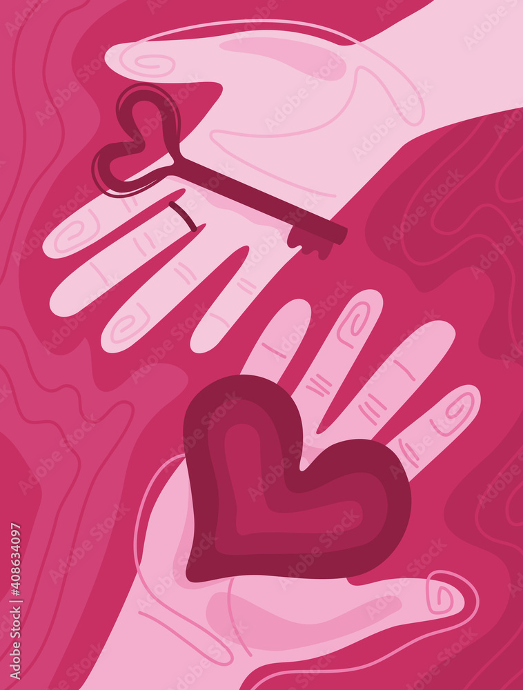 Vector illustration with abstract hands of a man and a woman. A man offers his heart, and a woman a key to her heart. Abstract poster, banner for your design or interior Vector illustration with abstract hands of a man and a woman. A man offers his heart, and a woman a key to her heart. Abstract poster, banner for your design or interior