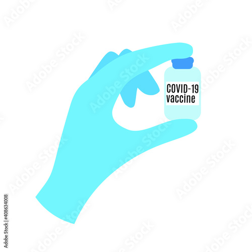 hand in glove with a jar of vaccine ot kovid 19. simple flat style. vaccination in 2021 photo