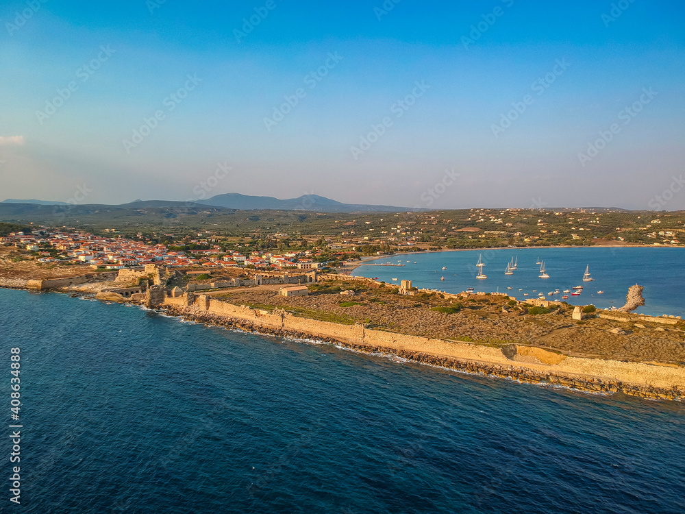 Aerial view over Methoni Castle and the fortified city in Methoni, Messenia, Greece