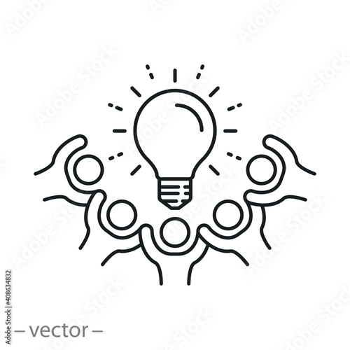 business community with light bulb, meeting group people with creative idea, icon, together partnership as a team, thin linear web symbol on white background - editable stroke vector illustration