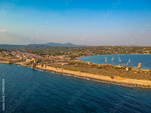 Aerial view over Methoni Castle and the fortified city in Methoni, Messenia, Greece © panosk18