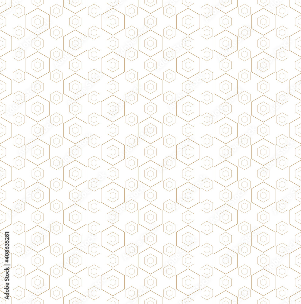 Golden minimalist vector seamless pattern. Simple delicate geometric texture with small linear hexagons. Subtle modern gold and white minimal background. Luxury repeat design for print, decor, wrap
