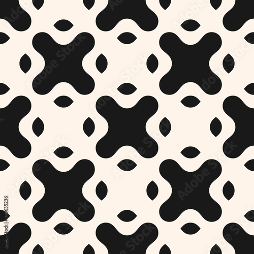 Vector monochrome seamless pattern with big curved shapes, crosses. Abstract geometric background. Simple black and white texture. Stylish repeat design for decor, tileable print, stamping, wallpaper