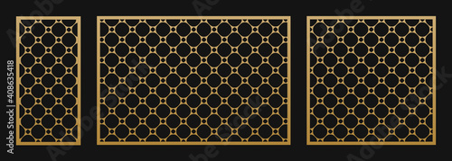 Laser cut panel collection. Vector template with abstract geometric pattern, thin circular grid, mesh, net, lattice ornament. Stencil for laser cutting of wood, metal. Aspect ratio 1:2, 3:2, 1:1