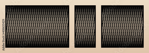 Laser cut pattern set. Vector design with trendy geometric ornament, halftone grid, gradient effect. Template for cnc cutting, decorative panels of wood, metal, plywood. Aspect ratio 1:2, 1:1, 3:2