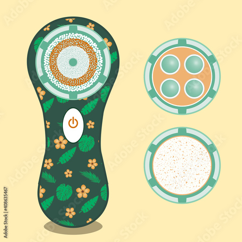 Electric facial brush for daily facial care with additional accessories and fashionable print. Vector illustration.