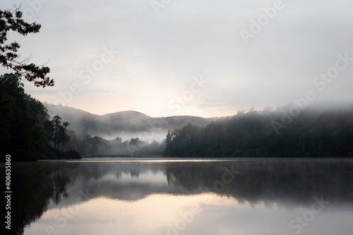 Fog covered lake in the mountains
