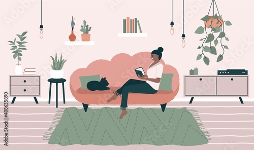 Smiling woman sitting on sofa. Relaxed female reading book in cozy room, home interior with plants, cat. Vector illustration