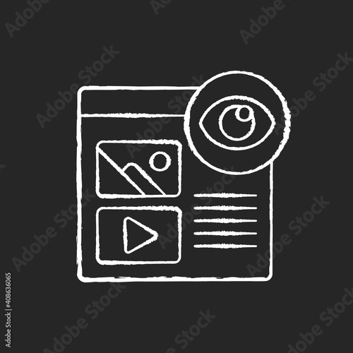 Pageviews chalk white icon on black background. Instance of internet user visiting particular page on website. Recording whenever full page is viewed. Isolated vector chalkboard illustration