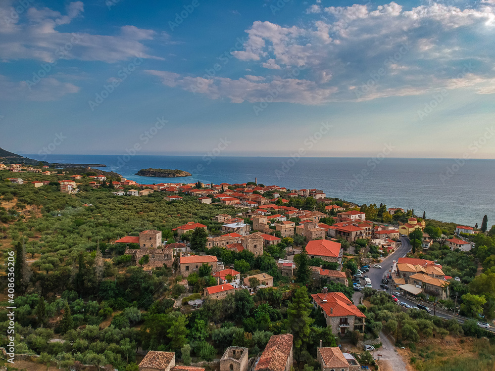 Aerial view of the wonderful seaside village of Kardamyli, Greece located in the Messenian Mani area. One of the most beautiful places to visit in Greece, Europe