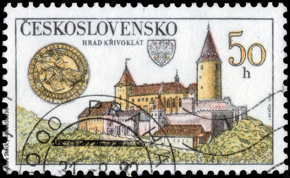 Postage stamp issued in the Czechoslovakia with the image of the Krivoklat castle. From the series on Treasures of Czechoslovak castles and chateaux, circa 1982