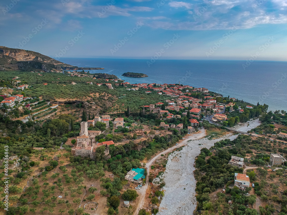 Aerial view of the wonderful seaside village of Kardamyli, Greece located in the Messenian Mani area. One of the most beautiful places to visit in Greece, Europe