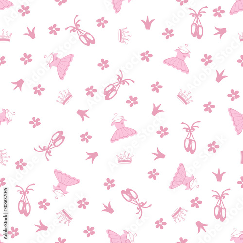vector seamless pattern  with the image of a girl's dress, ballet pointe shoes and crowns